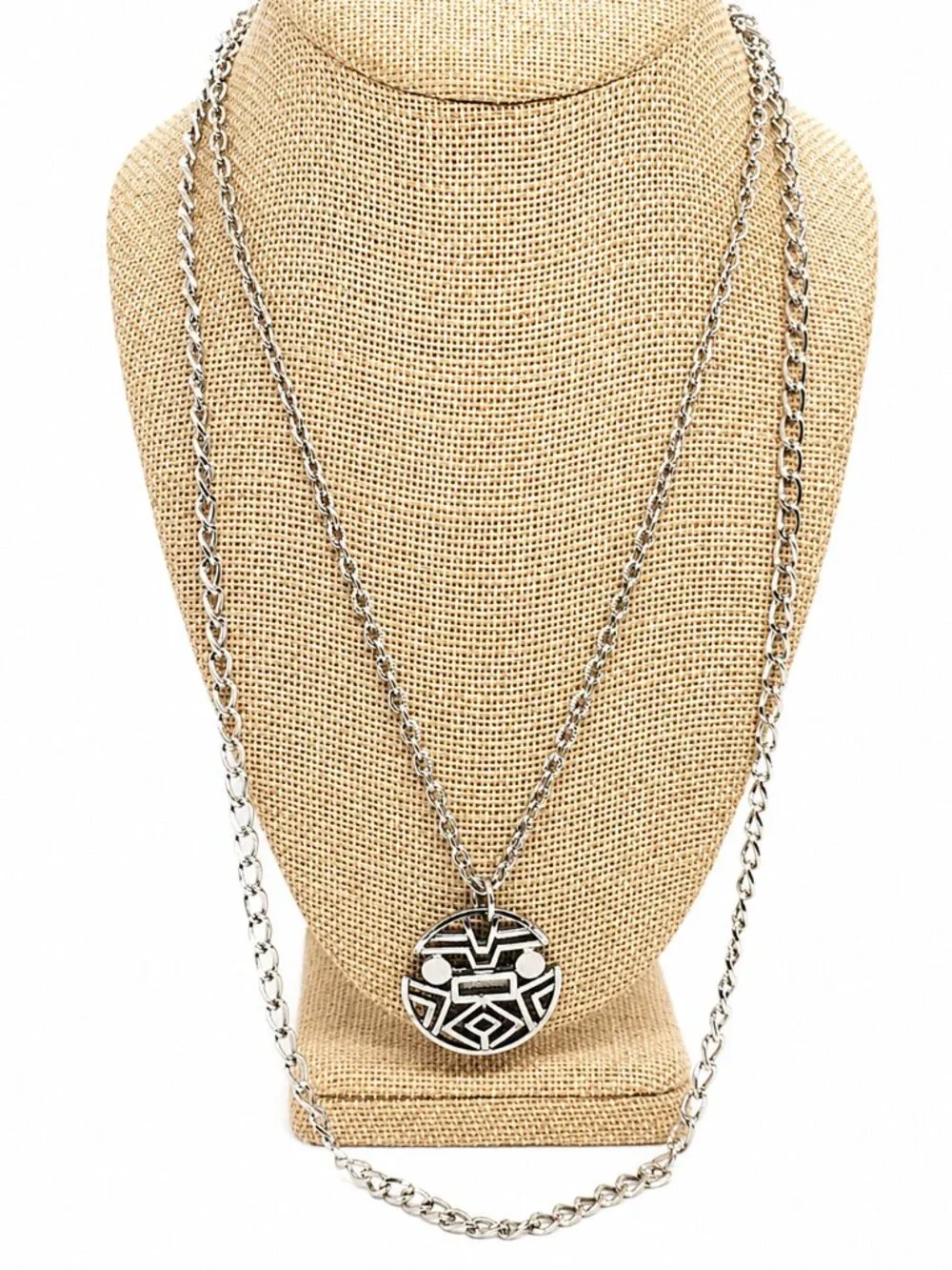 VINTAGE SILVER TONE Necklace Abstract Medallion Layered Chain Geometric